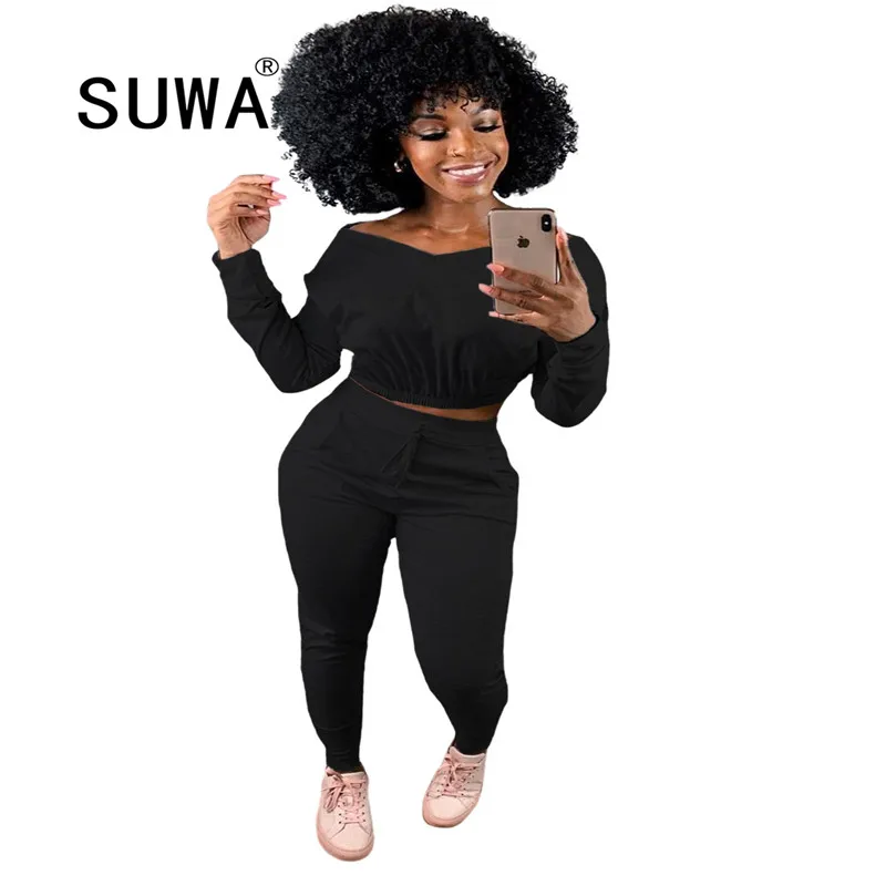 

Casual Sporty Workout Matching Sets Women V-Neck Long Sleeve Active Wear Two Piece Outfits Crop Top And Pants Sweat Suit