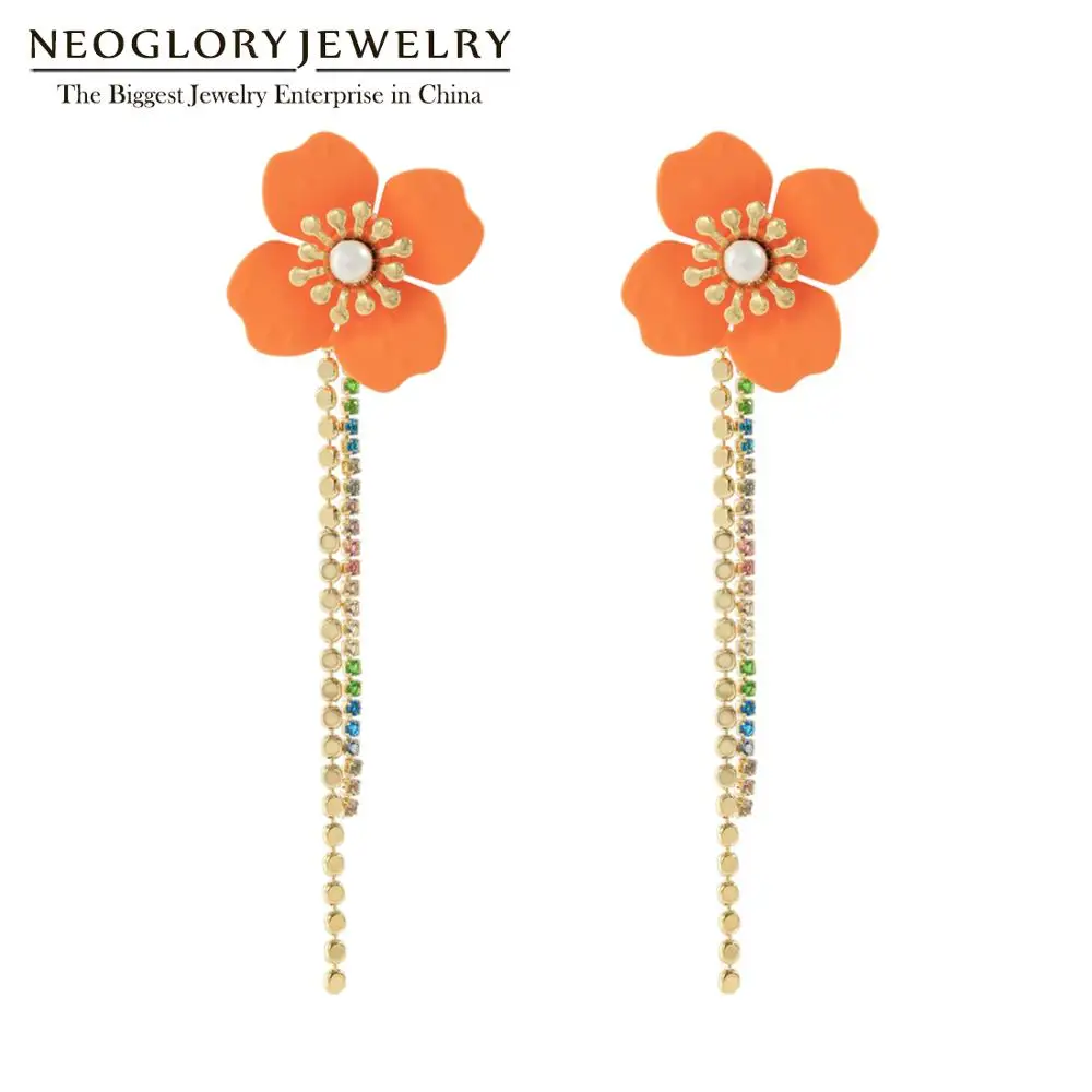 

Neoglory Trendy Enamel Sunflower Tassel Earrings for Women Shell Pearl Cubic Zircon Chain Drop Earring Accessories for Gift