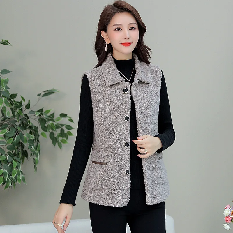 

Korean Fashion Women Clothing 2021 Fall Winter Fleece Vest Coat Plus Size Single Breasted Turn Down Collar Jackets Sleeveless
