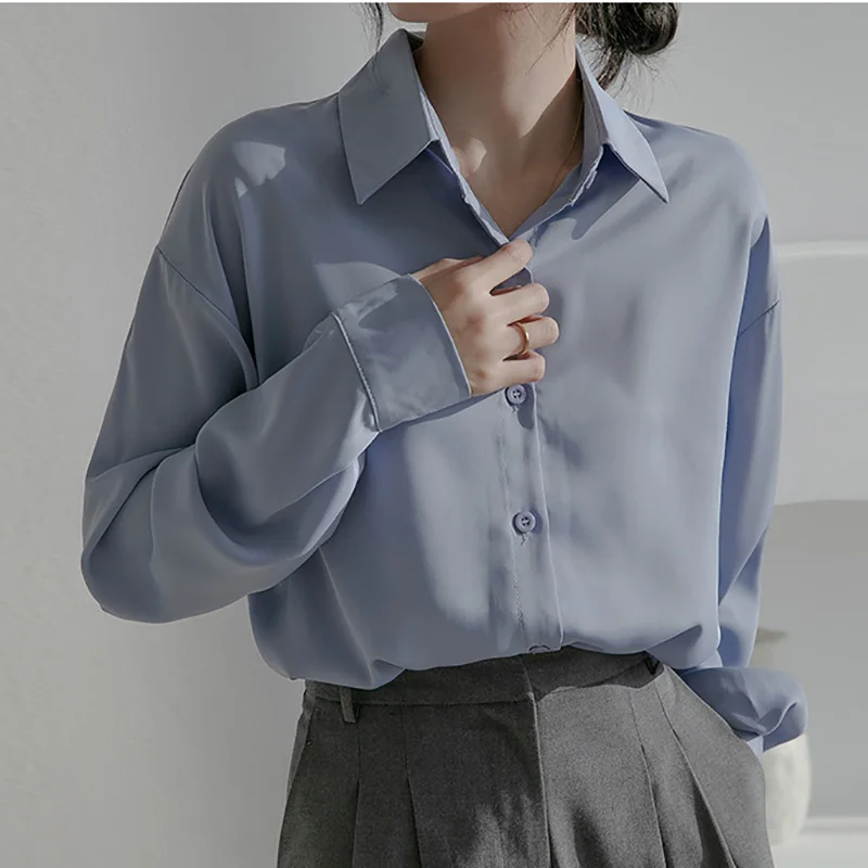 

Корейская темпераментная шифоновая блузка рубашка женская рубашка-поло с длинным рукавом Осенняя однотонная элегантная офисная Повседнев...