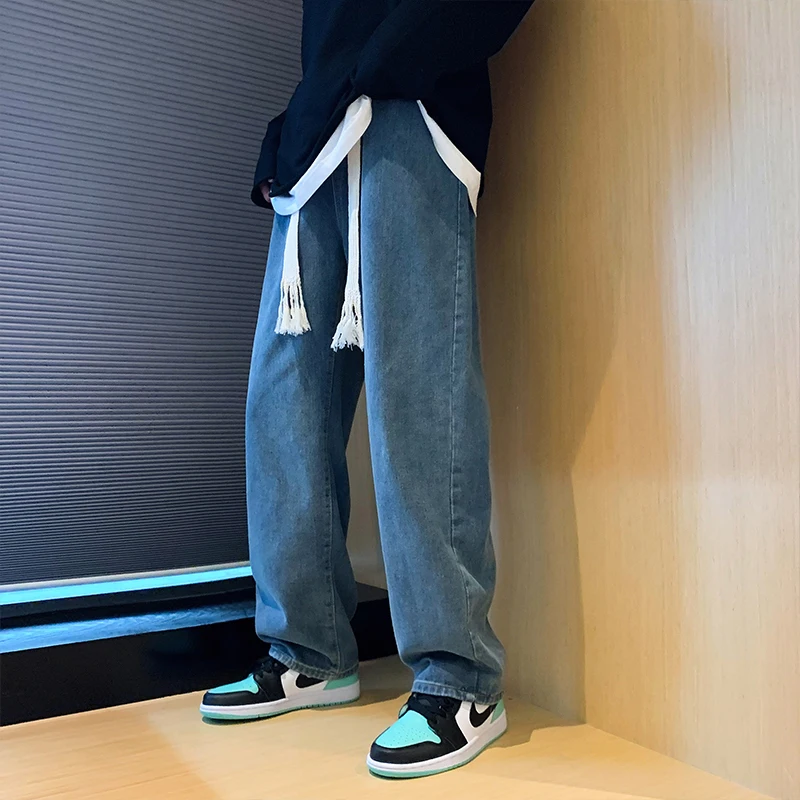 Blue/Black Baggy Jeans Men Fashion Casual Drawstring Wide-leg Jeans Men Streetwear Loose Hip-hop Straight Denim Pants Mens M-2XL