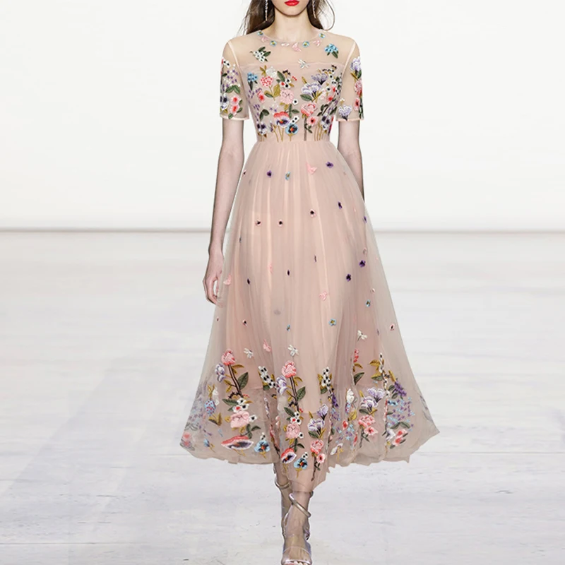 

2021 Summer Long Dress Women Pink Embroidery Mesh Patchwork Short Sleeve Elegant High Quality Slim Dresses