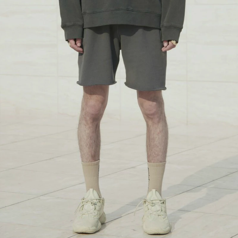 Kanye West/Плотные хлопковые флисовые шорты потертые серые повседневные уличные с