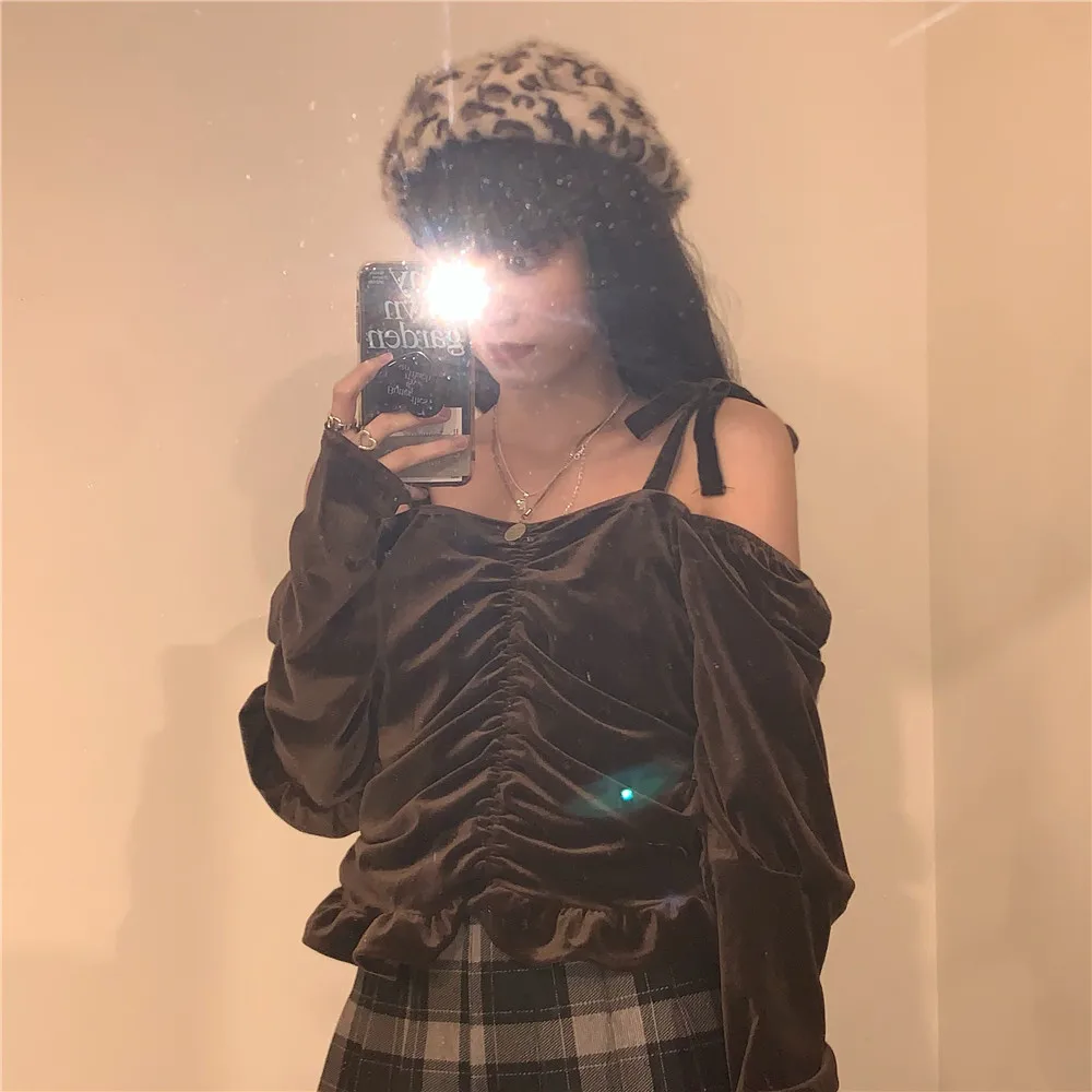 

Sweet Style Off Shoulder Slash Neck Crop Top Blouses Hipster Women's Clothing Spaghetti Strap Shirts Spring Autumn Slim New