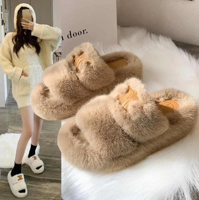 

Women Slippers 2021 Autumn winter new Thick-soled Women Rabbit hair slippers Luxury Shoes Designers Slides Fluffy Slippers