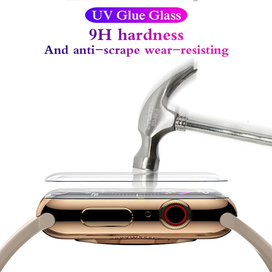 Protector de pantalla de cristal templado para Apple Watch, cubierta completa de vidrio templado UV Nano l&iacute;quido para iWatch de 38mm, 42mm, 40mm y 44mm, 100 unids/lote-1