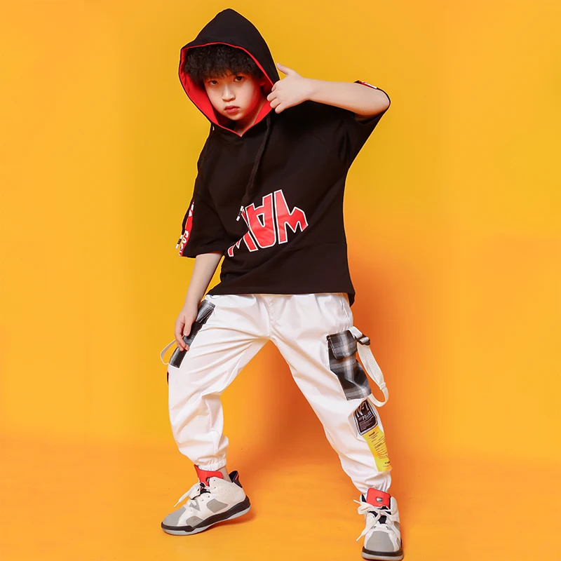 Детская футболка с капюшоном в стиле хип хоп белые штаны Одежда для танцев
