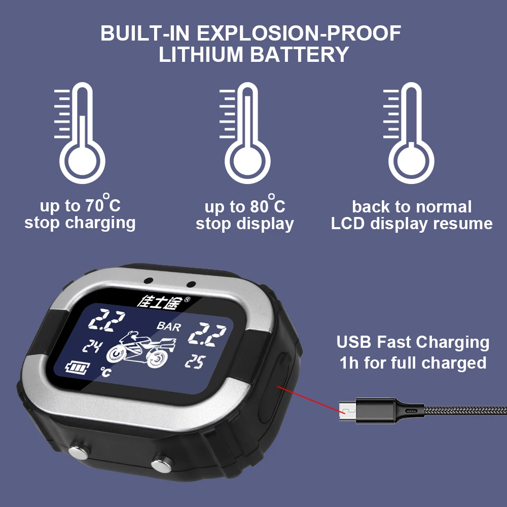 

Motorcycle TPMS LCD Display Motor Tire Pressure Monitoring System Tyre Temperature Alarm 2 External Sensors