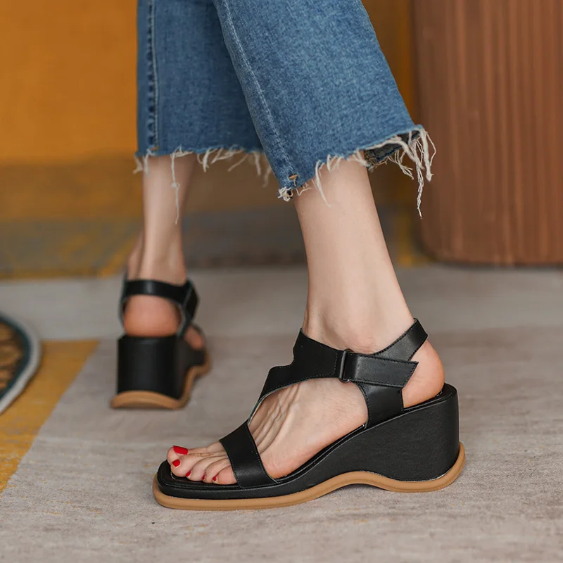 

QZYERAI Summer Roman Style Women Genuine Leather Fashion Sandals Cowhide Thick Wedge Bottom Women Shoes