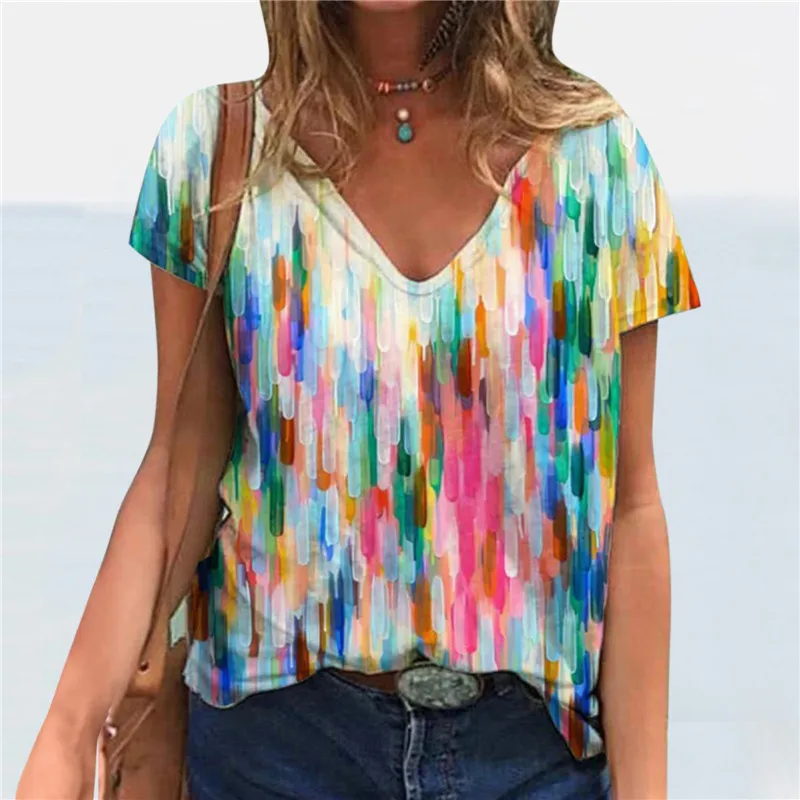 

Fashion Streetwear Women Clothing 2021 Summer Ladies Tops Short Sleeve Loose 3D Print V-neck Casual Women Tshirt Camisetas Mujer