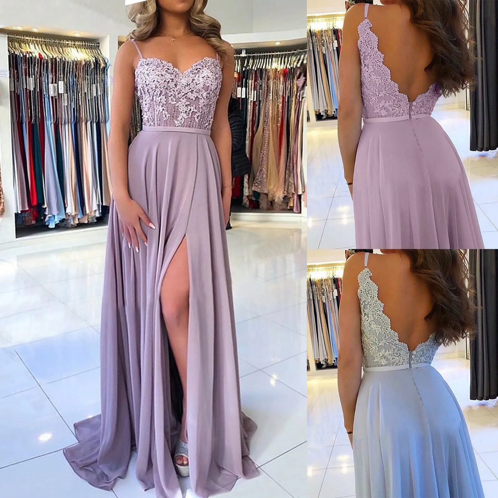 

Women's Evenning Party Dress Sexy V Neck Lace Spaghetti Strap Maxi Dress Elegant High Split Sexy Backless Long Dresses Vestidos