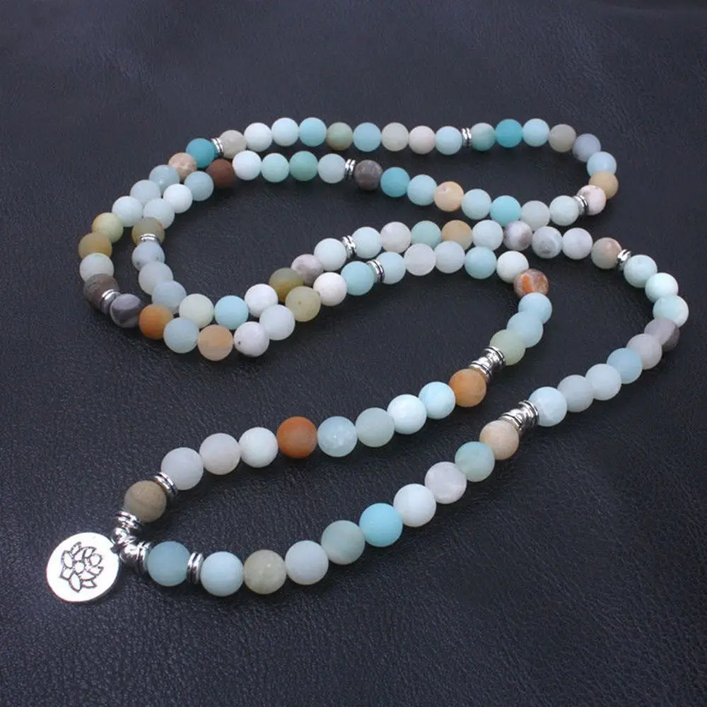

Fashion Women`s Bracelet Matte Frosted Amazonite Beads with Lotus OM Buddha Charm Yoga Bracelet 108 Mala Necklace Dropshipping