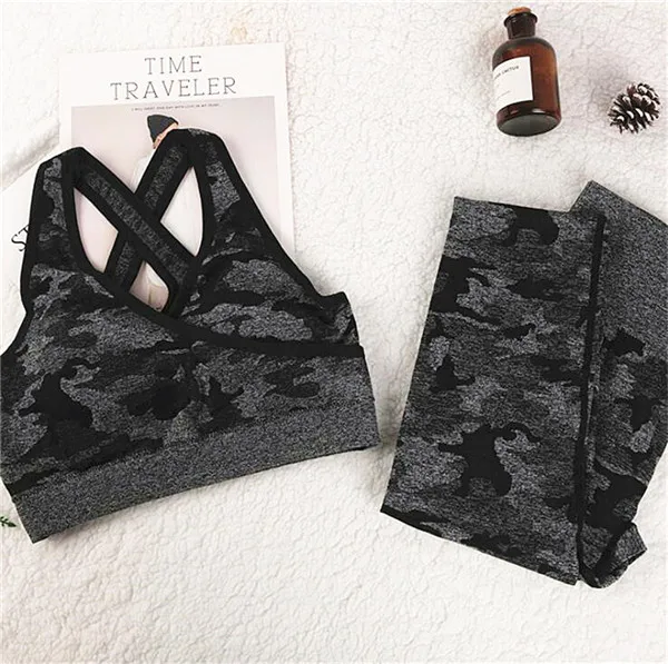 CB1094 bck bra 2 set Зимний укороченный Топ с длинным рукавом, камуфляжный комплект для йоги, спортивная одежда для женщин, одежда для спортзала, фитнеса, Леггинсы для йоги+ спортивный бюстгальтер, спортивный костюм для женщин - Цвет: CB1094 bck bra 2 set