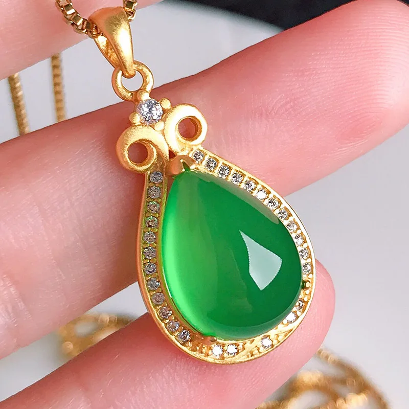 

S925 STERLING SILVER DROP GOLDEN WOMEN'S NATURAL EMERALD MOTHER'S DAY GIFT SILVER NECKLACE