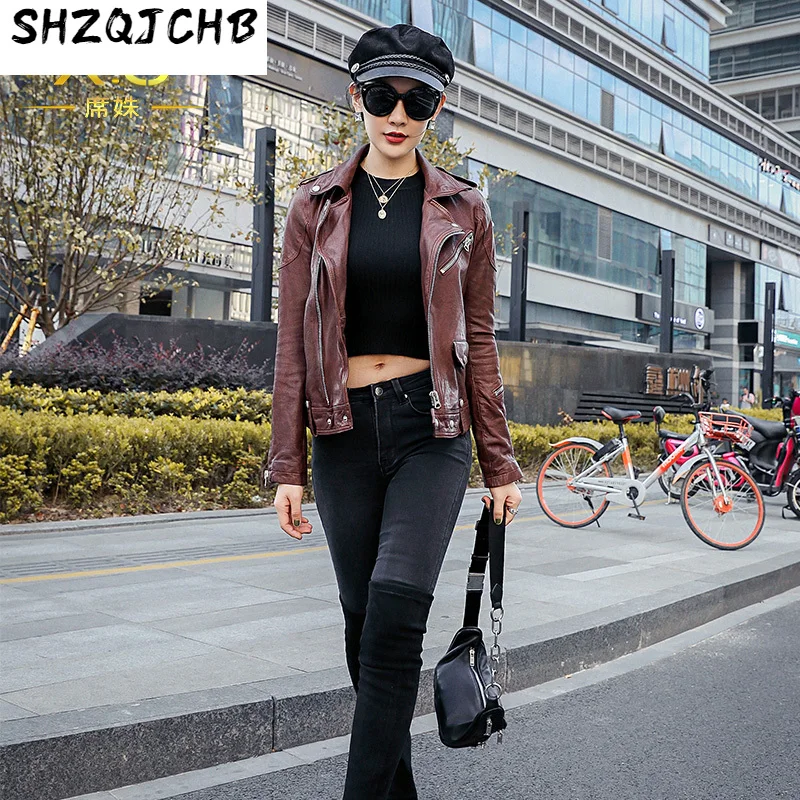

SHZQ, Новинка осени 2021, локомотивная короткая кожаная женская куртка из овечьей кожи, Модная тонкая кожаная куртка