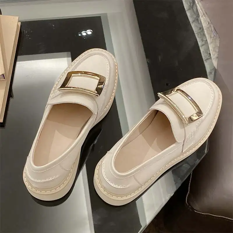 

brand genuine leather med heels round toe slip on women pumps casual metal solid office lady solid vacation spring shoes L03