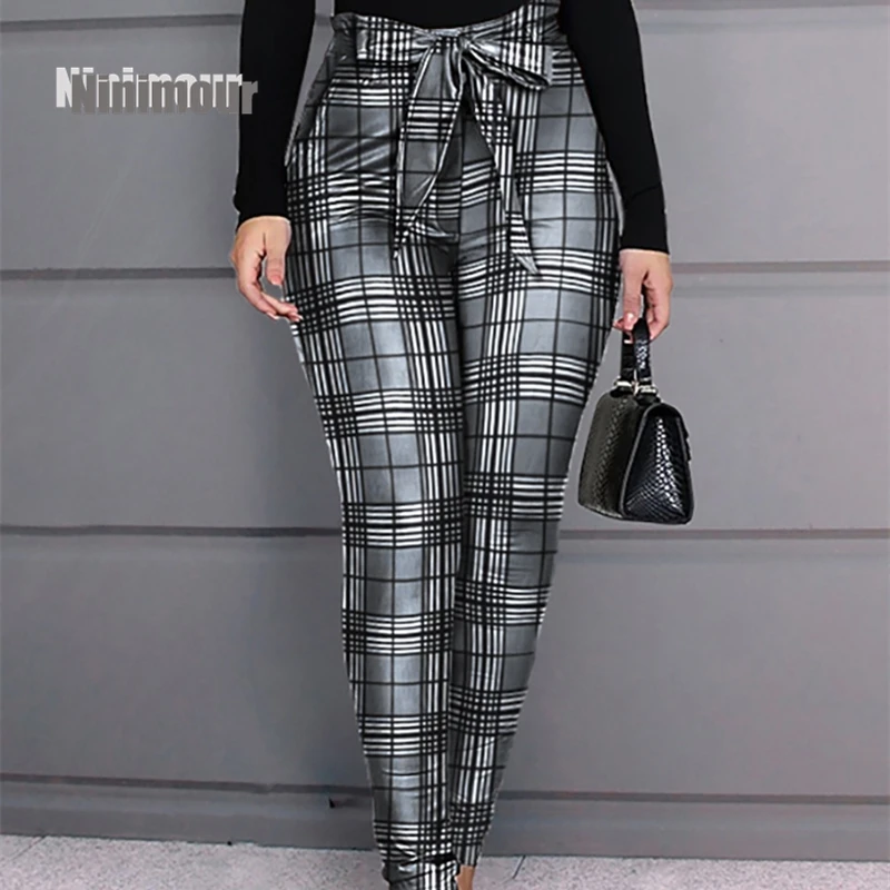 

2021 Fashion Elegant Women Grid Pants Grid Design Casual Pants Women Plaid Skinny Fit Bow Tied High Waist Pencil Pants