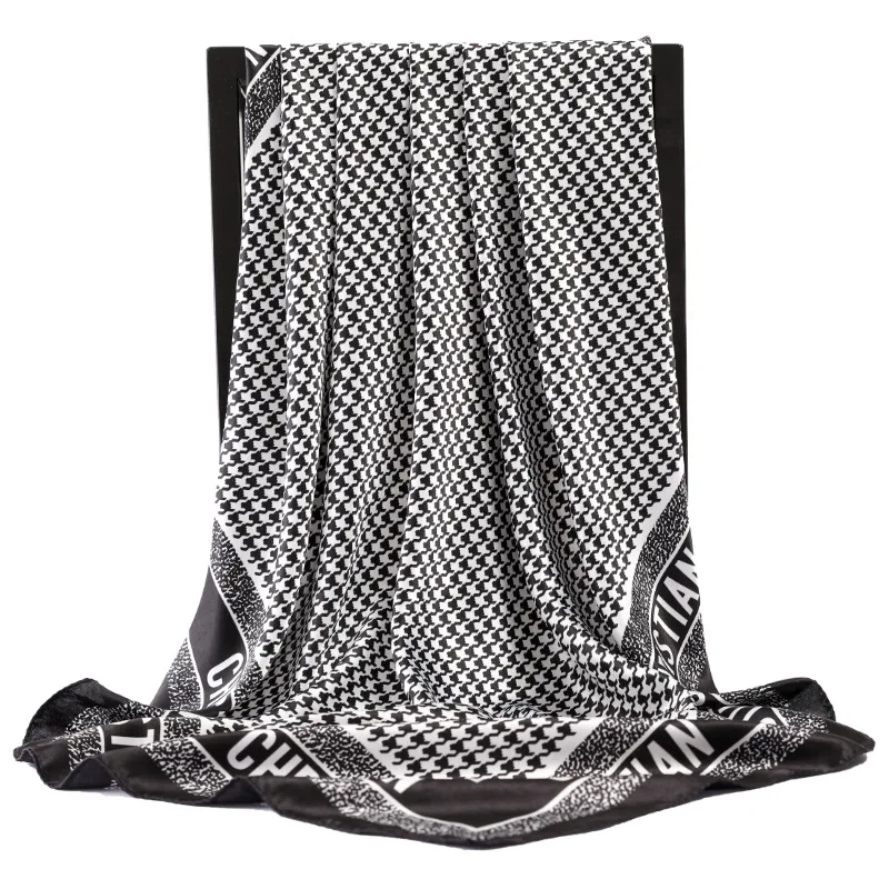 

Fashion Lattice Dustproof Bandanna Summer Sunscreen Letter Silk Scarves Female 90X90CM Handkerchief Popular Print Beach Shawls