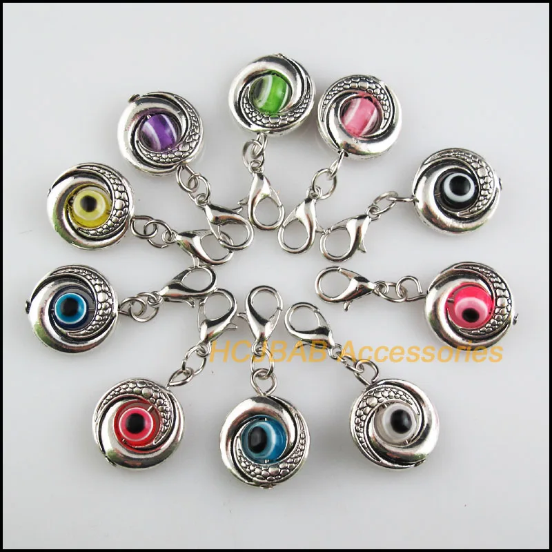 

10 New Circle 15mm Charms Mixed Eye Resin Tibetan Silver Plated Retro With Lobster Claw Clasps