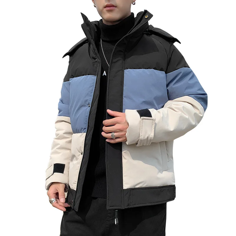 Men's Fashion Color Block Warm Cotton Jacket 2021 Winter Japanese Slim Fit Removable Hooded Cotton Jacket Coats for Men