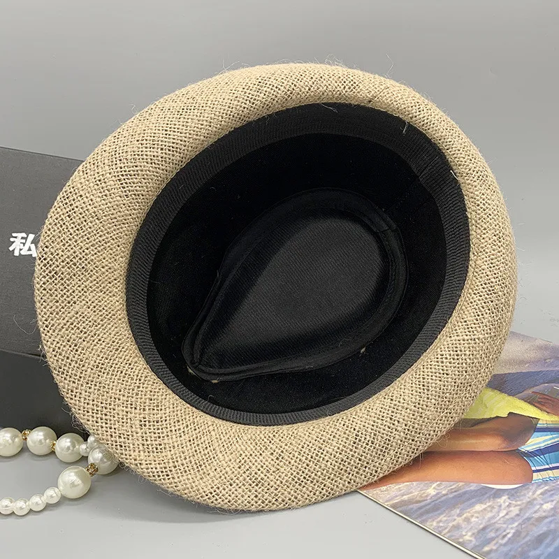 

202106-fcm-467 summer Linen small brim belt classic fedoras cap men women leisure panama jazz hat