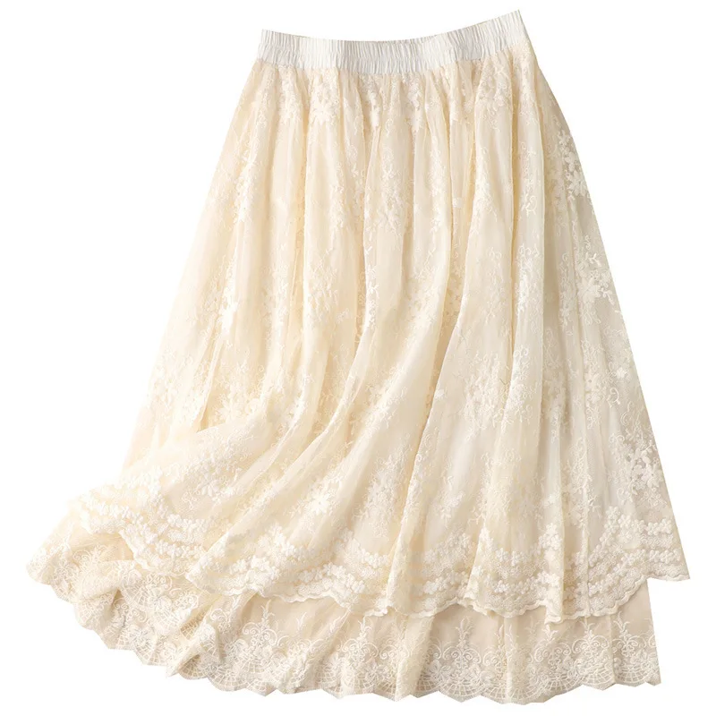 

Кружевная вышивка Shuchan, трапециевидная юбка в стиле "Лолита", женские юбки до середины икры в стиле ампир 2021, длинные юбки для женщин в Корейс...