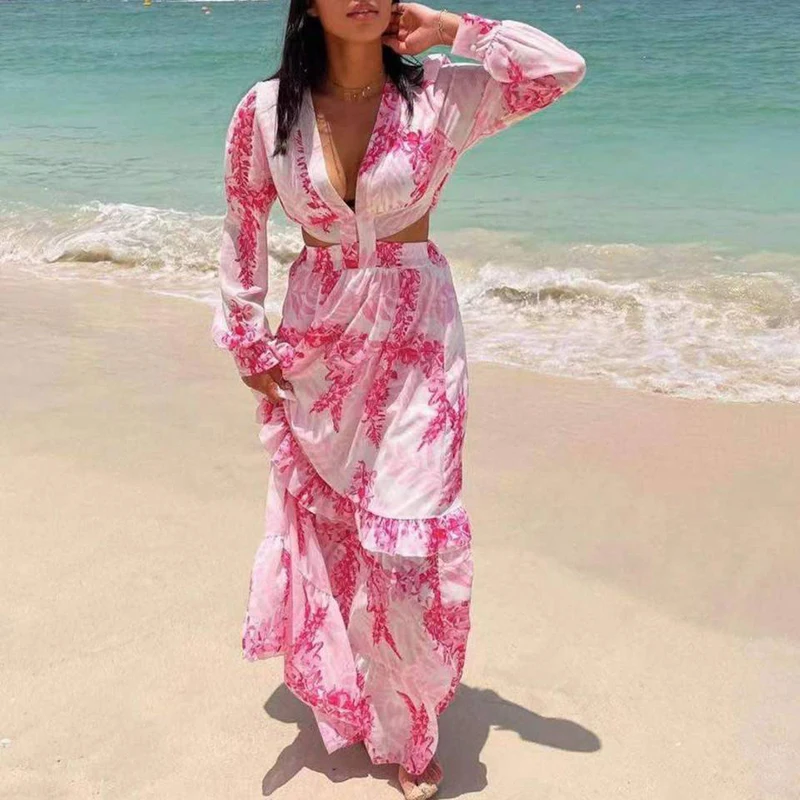 

2021 Fashion Designer Beach Style Dresses Women Long Sleeve Flowers Printed Sexy Exposed waist design Holiday Long Dress