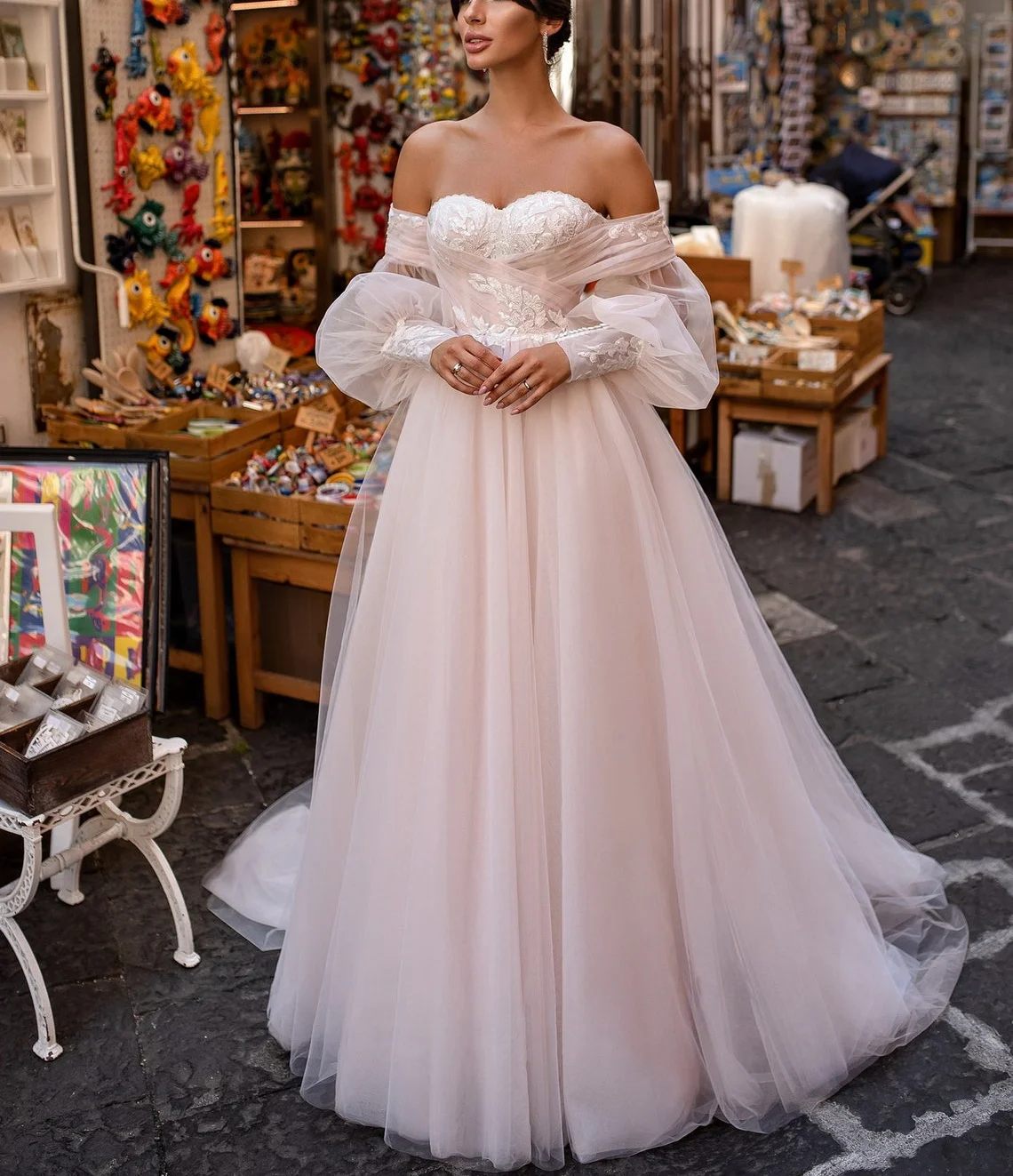 

11498# Puff Sleeve Off-Shoulder Strapless Wedding Gown Open Back A-Line Boho Tulle Lace Wedding Dress Wedding Gown Bridal Gown