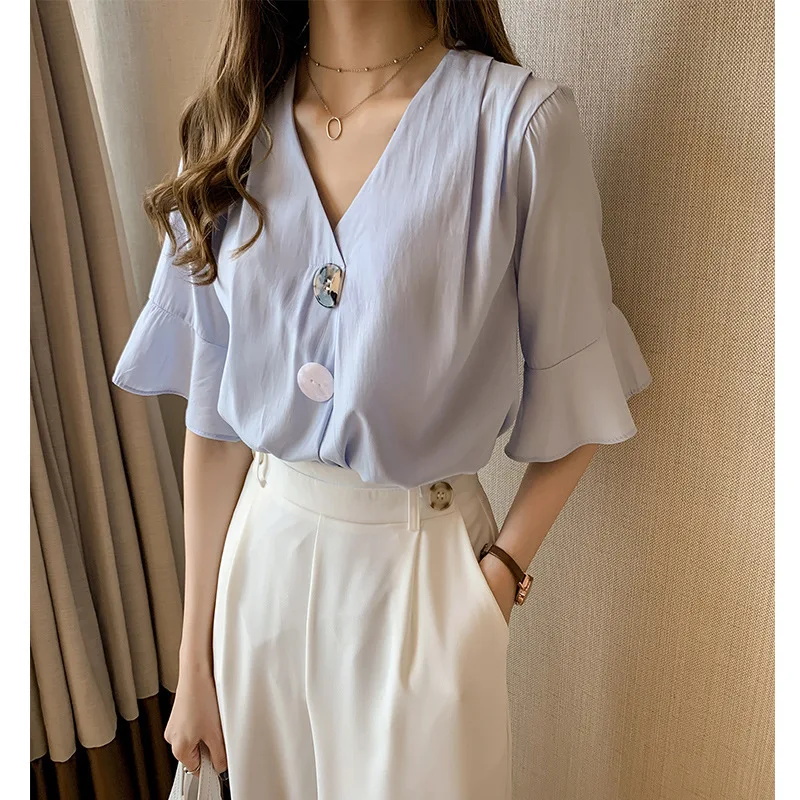 

Summer Womens Clothing Fashion Korean Version Of V-neck Women's Tops Loose Solid Color Shirts Casual Vtements Pour Femmes
