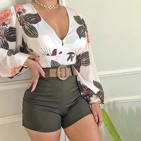 women fashion casual two piece set suits set female spring clothes floral print long sleeve top fitted pants set no belt