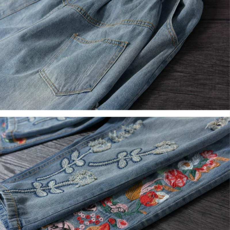 Летние джинсовые штаны шаровары брюки Капри Для женщин с вышивкой в винтажном