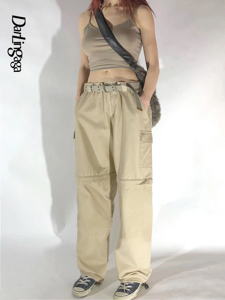 

Darlingaga Streetwear Khaki Drawstring Cargo Pants Women Big Pockets Fashion Baggy Trousers Solid Hip Hop Harem Pants Spring New