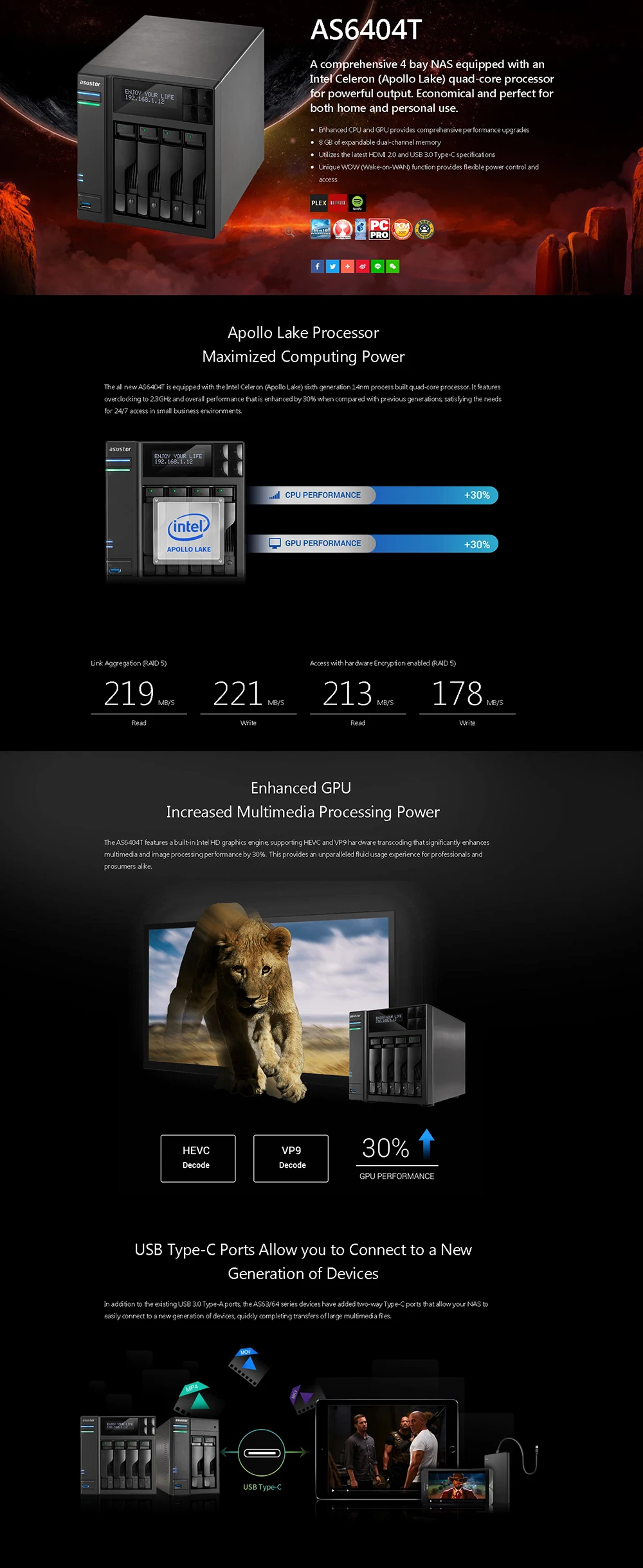 ASUSTOR AS6404T 4-bay diskless nas, nas server nfs network storage cloud storage File server, 3 years warranty