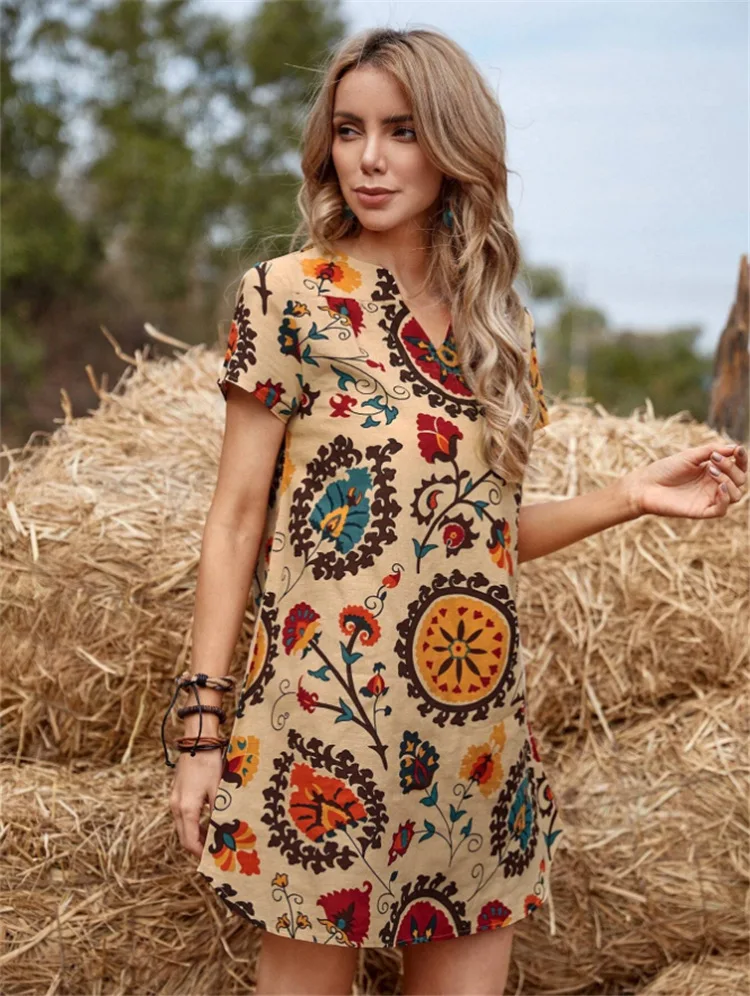 

In 2021 the new nation wind cotton and linen printed v-neck loose long short-sleeved dress