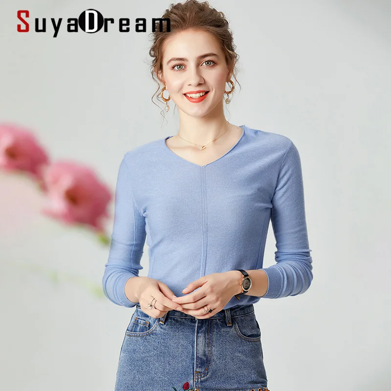 

Женский шерстяной свитер SuyaDream, пуловер из 100% шерсти с v-образным вырезом и длинным рукавом, Вязаный топ на осень и зиму 2020