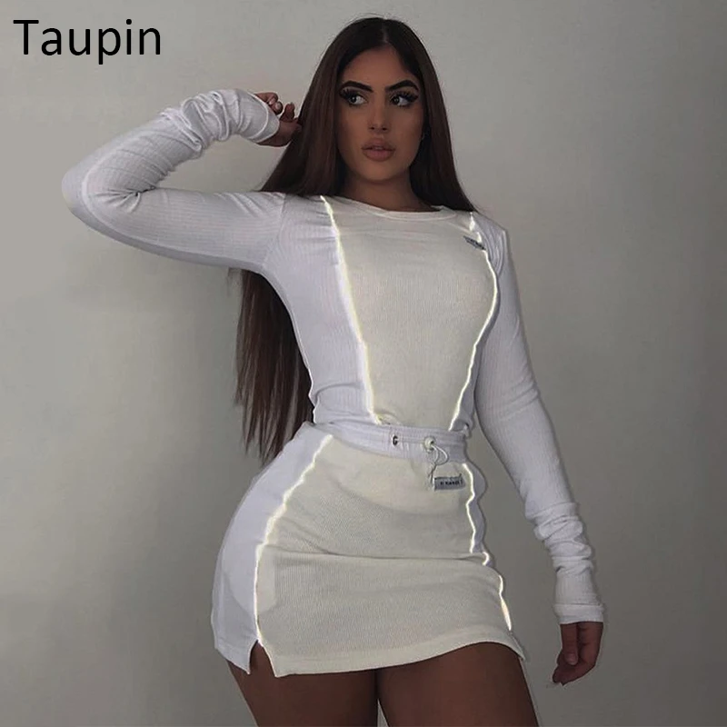 Taupin женский модный светоотражающий полосатый лоскутный комплект из двух предметов белый короткий топ с длинным рукавом Нижняя юбка спортивный костюм