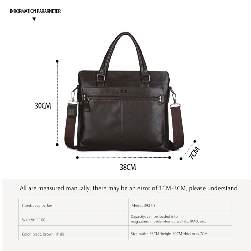 JEEP BULUO Men Shoulder Fashion PU Leather Business Bags Handbags Three Color Bag Men For Document Leather Laptop Briefcases Bag