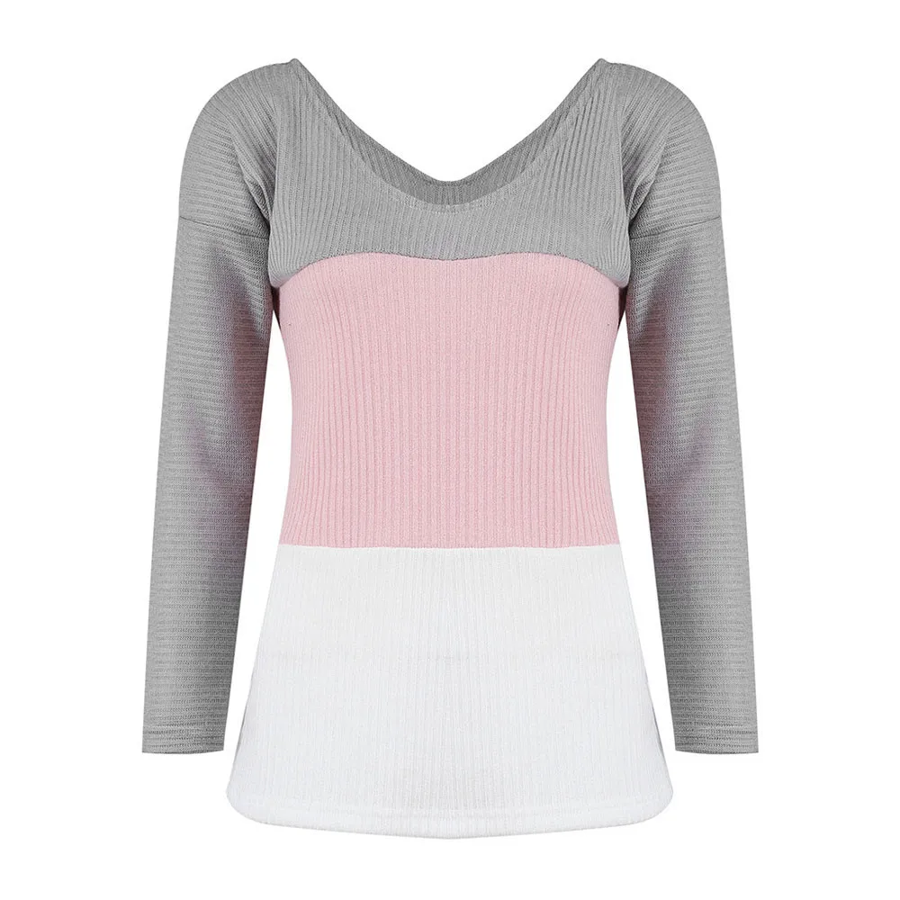 Женский свитер с v-образным вырезом Зимний пуловер в стиле пэчворк джемпер-блузка