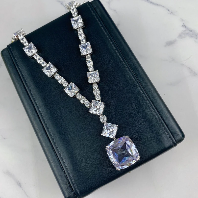 

DOYUBO Luxury 925 Sterling Silver Square Zircon Necklace Women's Yellow & Purple Precious Zircon Wedding Necklace Jewelry VA309