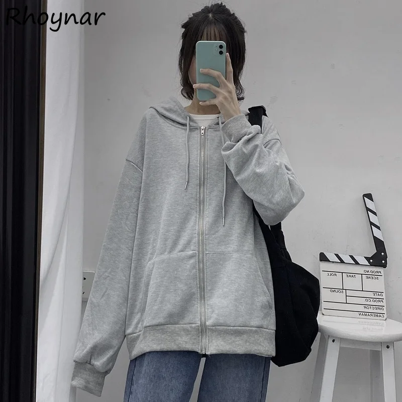 

Zip-up Women Spring Casual Pockets Simple Streetwear Long Sleeve Hooded Baggy Cool College Female Solid Ulzzang Loose Harajuku