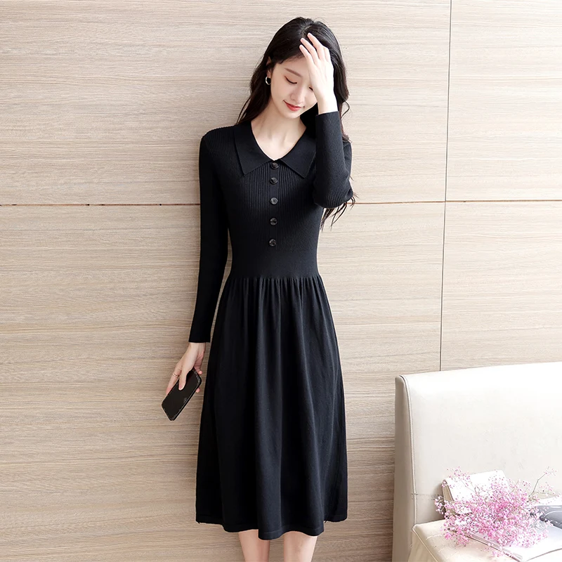 

Rabbit Core Yarn Bottoming Knitted Dress Women Long Shirt Collar New Slim HighQuality Elegant Fashion Sheath Button Woman Dress