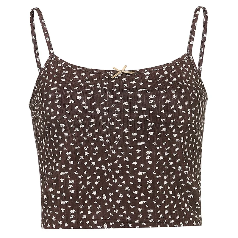 

E Girl T Shirt Y2K Aesthetic Brown Corset Tops Women Flower Print Vintage Cute Kawaii Clothes Sleeveless Ribbed E Girl Cami Top