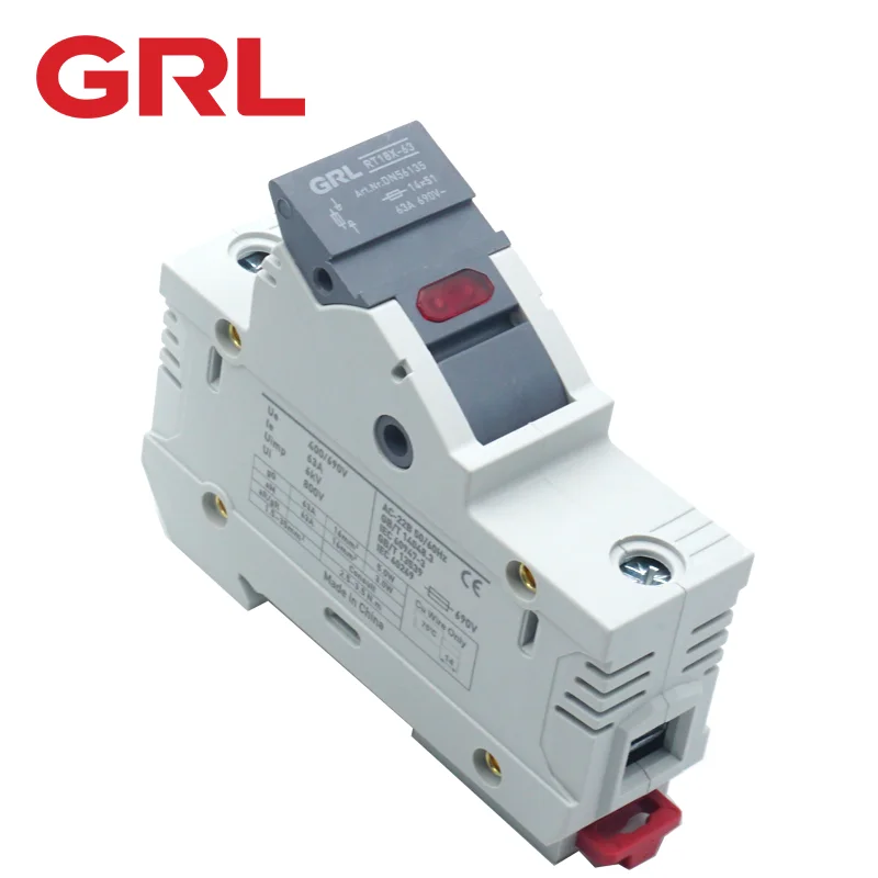 

GRL AC Fuse Holder Base Box RT18X-63 Indicator Light Fast Blow Ceramic Fusibles 14x51MM 500V RO16 DIN Rail Moun