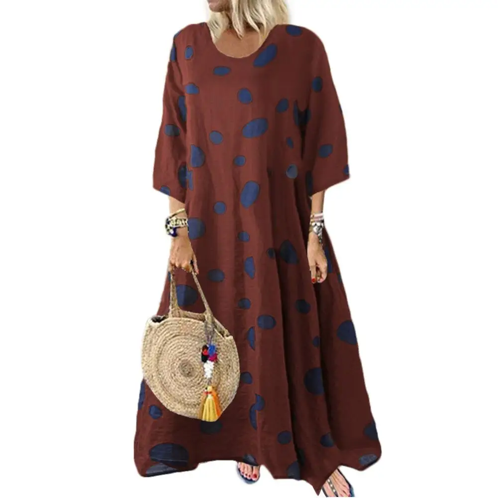 Женское длинное платье в горошек свободное хлопково-льняное Платье макси с