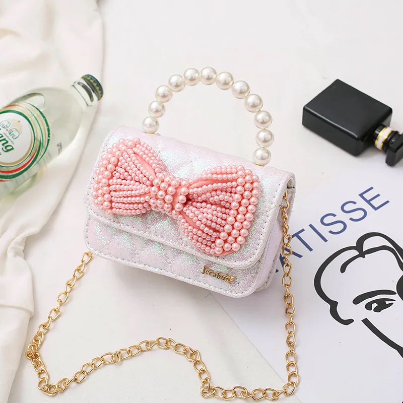 Korean Kids Mini Purses 2020 Cute Pearl Bowknot Crossbody Bags for Baby Girls Small Coin Pouch Party Hand Bag Purse Gift Bag