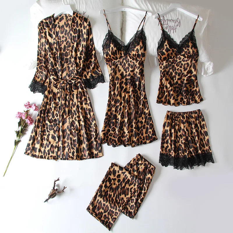 

5pcs Spring Summer New Fashion Leopard Print Pajamas Suit Women Silky Satin Sexy Suspender Nightdress Comfortable Home Service