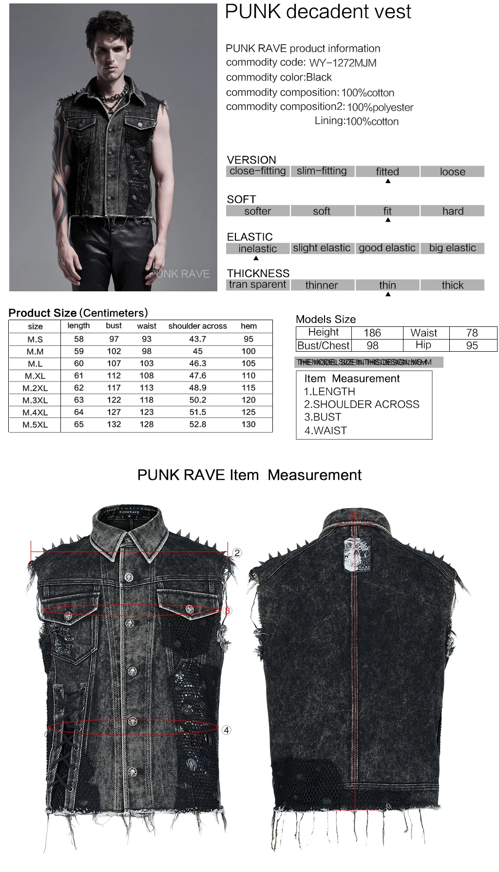 

PUNKRAVE Men's Punk Vest Decadent Distressed Daily Casual Denim Waistcoat