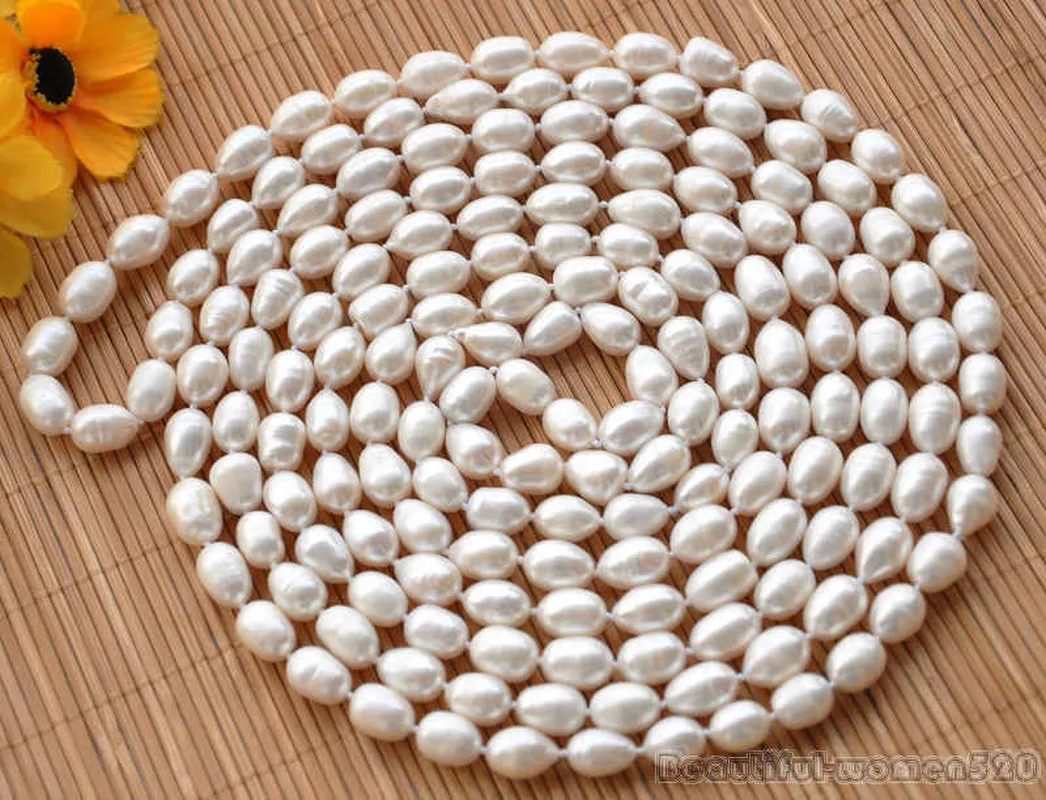 

Long 100" 8-9mm white rice FRESHWATER CULTURED pearl necklace