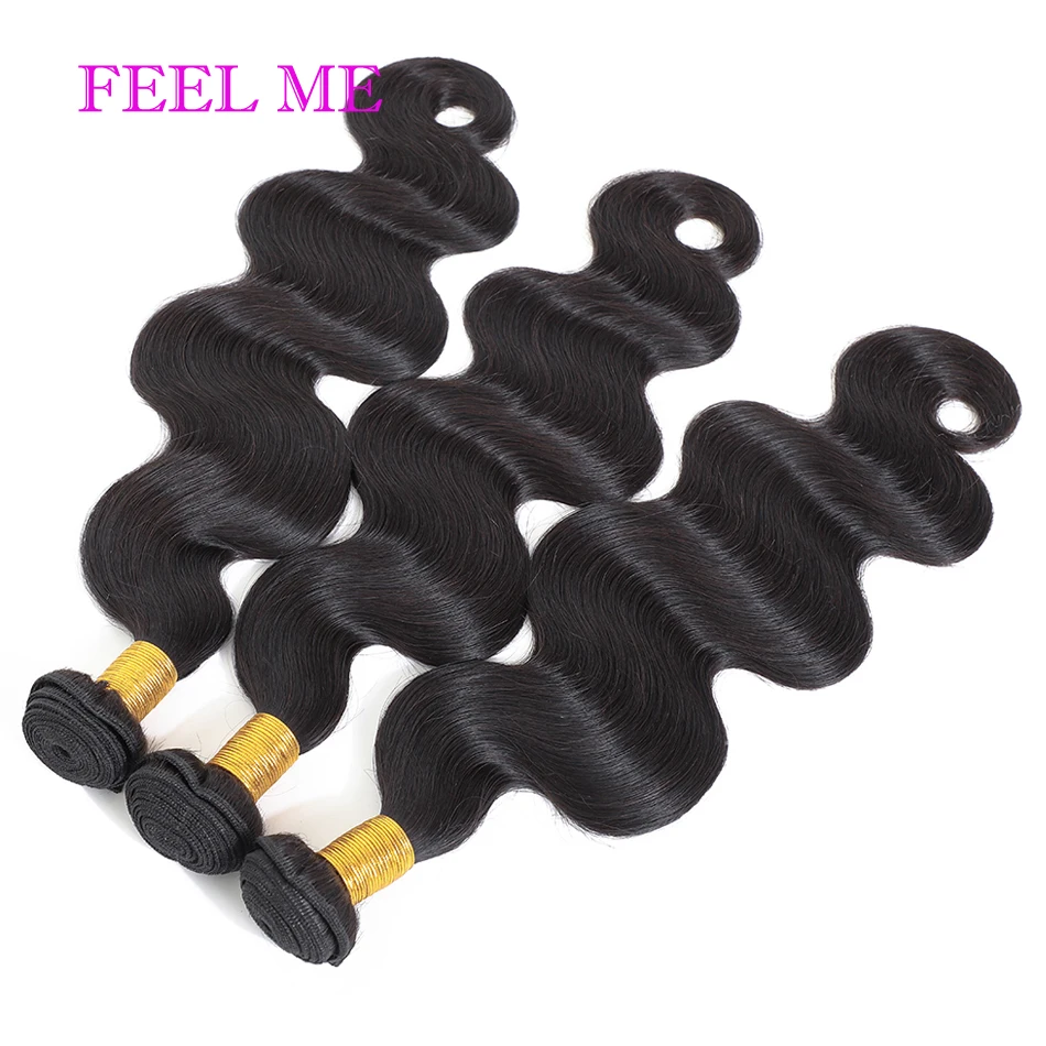 FEELME Body Wave Indian Hair Weave Bundles 100% Human 3/4pcs Extensions Color #1 Dark Black | Шиньоны и парики