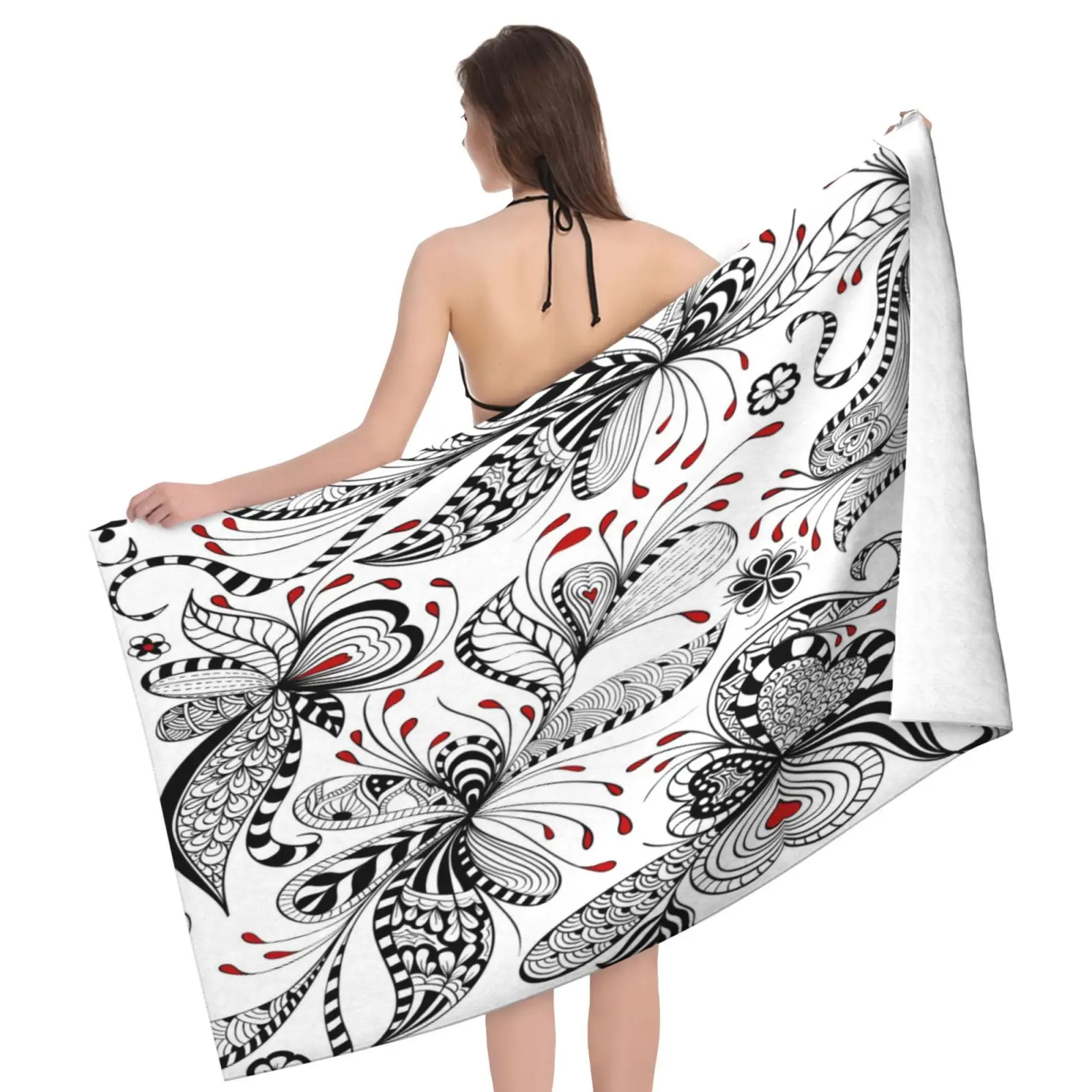 Elegant Black And White Flowers &amp Hearts beach towel XL bath personalized design sand cloud luxury towe | Дом и сад